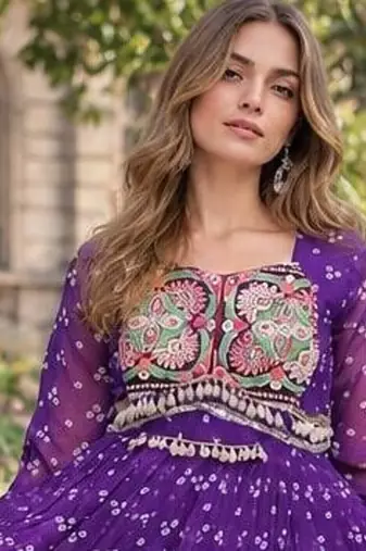 violet georgette free size stitched navratri anarkali with bandhani & kutchi patchework