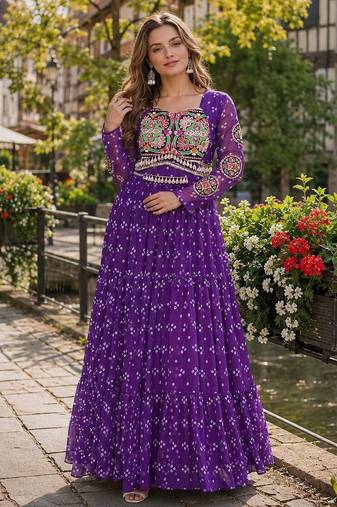 violet georgette free size stitched navratri anarkali with bandhani & kutchi patchework