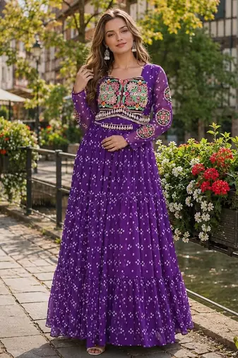 violet georgette free size stitched navratri anarkali with bandhani & kutchi patchework
