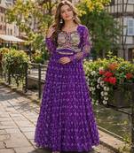 violet georgette free size stitched navratri anarkali with bandhani & kutchi patchework