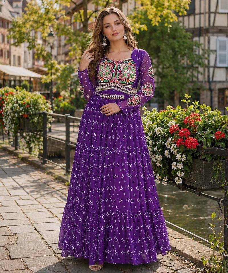 violet georgette free size stitched navratri anarkali with bandhani & kutchi patchework