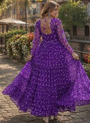 violet georgette free size stitched navratri anarkali with bandhani & kutchi patchework 3