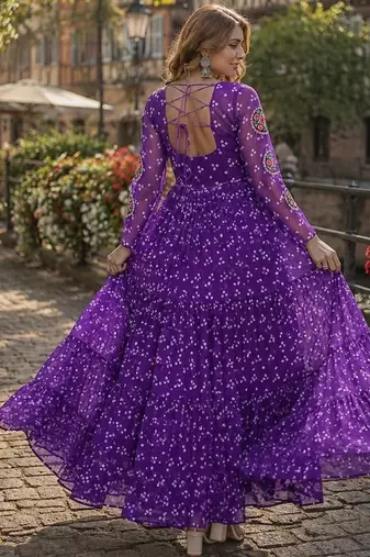 violet georgette free size stitched navratri anarkali with bandhani & kutchi patchework