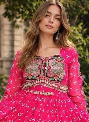 rani georgette free size stitched navratri anarkali with bandhani & kutchi patchework 2