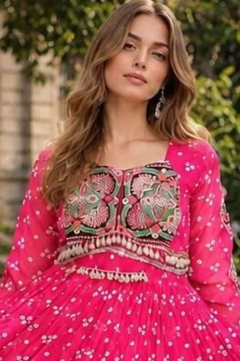 rani georgette free size stitched navratri anarkali with bandhani & kutchi patchework