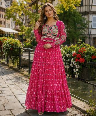 rani georgette free size stitched navratri anarkali with bandhani & kutchi patchework 1