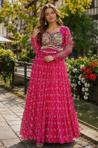rani georgette free size stitched navratri anarkali with bandhani & kutchi patchework