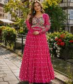 rani georgette free size stitched navratri anarkali with bandhani & kutchi patchework