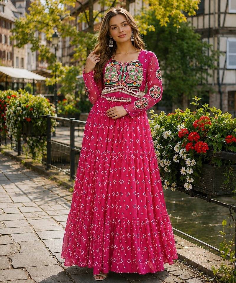 rani georgette free size stitched navratri anarkali with bandhani & kutchi patchework