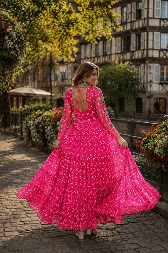 rani georgette free size stitched navratri anarkali with bandhani & kutchi patchework