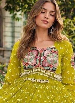 olive georgette free size stitched navratri anarkali with bandhani & kutchi patchework 2