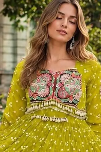 olive georgette free size stitched navratri anarkali with bandhani & kutchi patchework