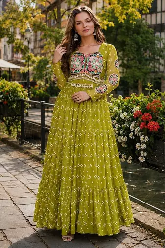 olive georgette free size stitched navratri anarkali with bandhani & kutchi patchework