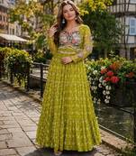 olive georgette free size stitched navratri anarkali with bandhani & kutchi patchework
