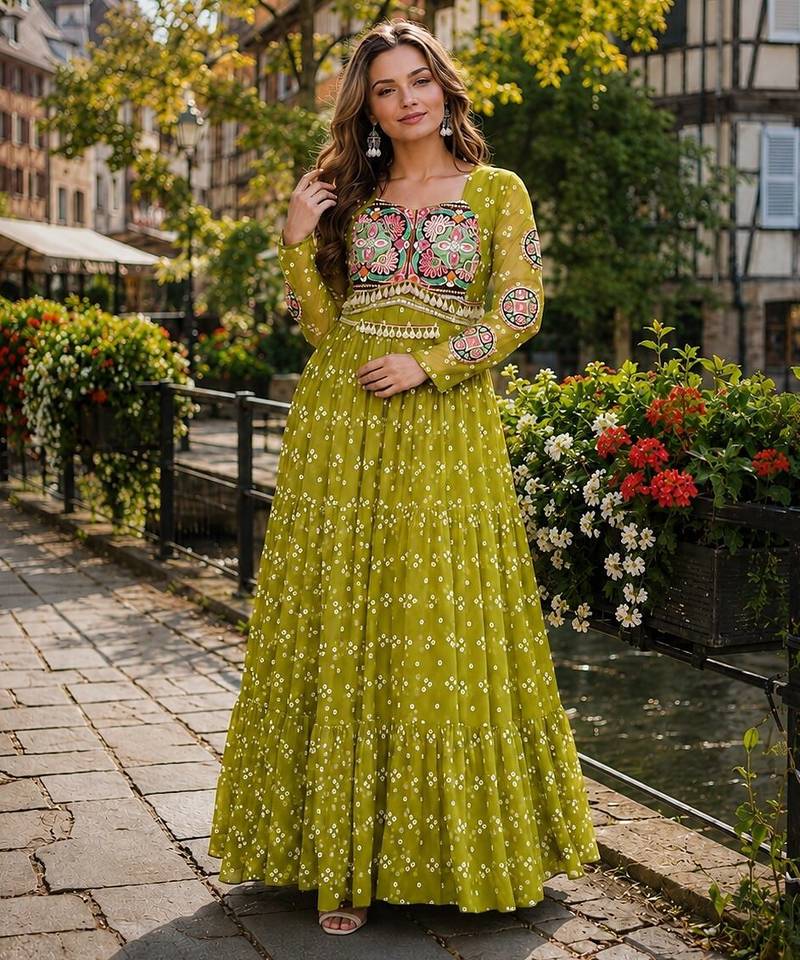 olive georgette free size stitched navratri anarkali with bandhani & kutchi patchework