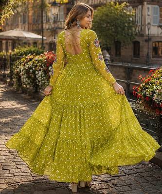 olive georgette free size stitched navratri anarkali with bandhani & kutchi patchework 3