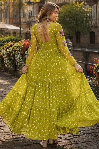 olive georgette free size stitched navratri anarkali with bandhani & kutchi patchework