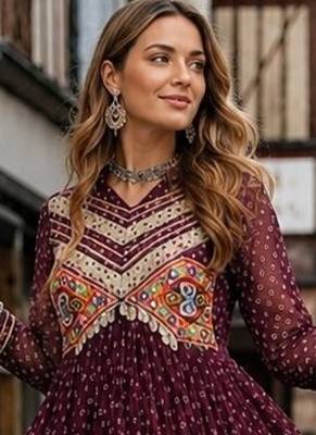 maroon georgette free size stitched navratri anarkali with bandhani & kutchi patchework 2