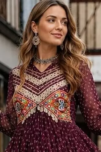maroon georgette free size stitched navratri anarkali with bandhani & kutchi patchework