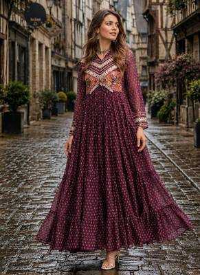 maroon georgette free size stitched navratri anarkali with bandhani & kutchi patchework 1