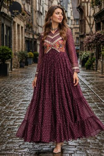 maroon georgette free size stitched navratri anarkali with bandhani & kutchi patchework