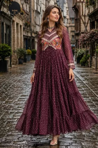 maroon georgette free size stitched navratri anarkali with bandhani & kutchi patchework
