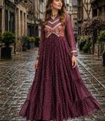 maroon georgette free size stitched navratri anarkali with bandhani & kutchi patchework