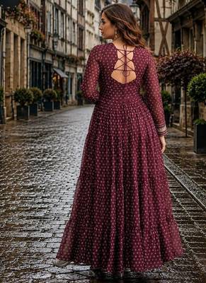 maroon georgette free size stitched navratri anarkali with bandhani & kutchi patchework 3