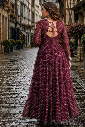 maroon georgette free size stitched navratri anarkali with bandhani & kutchi patchework