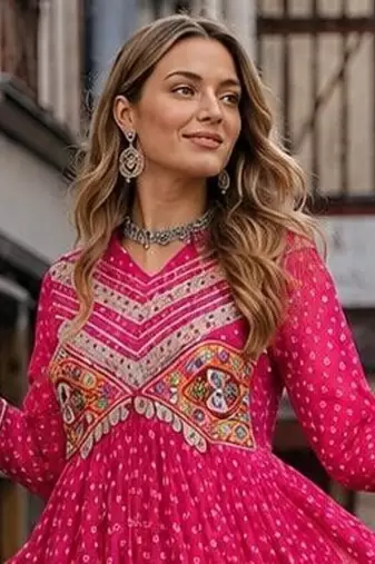 rani georgette free size stitched navratri anarkali with bandhani & kutchi patchework