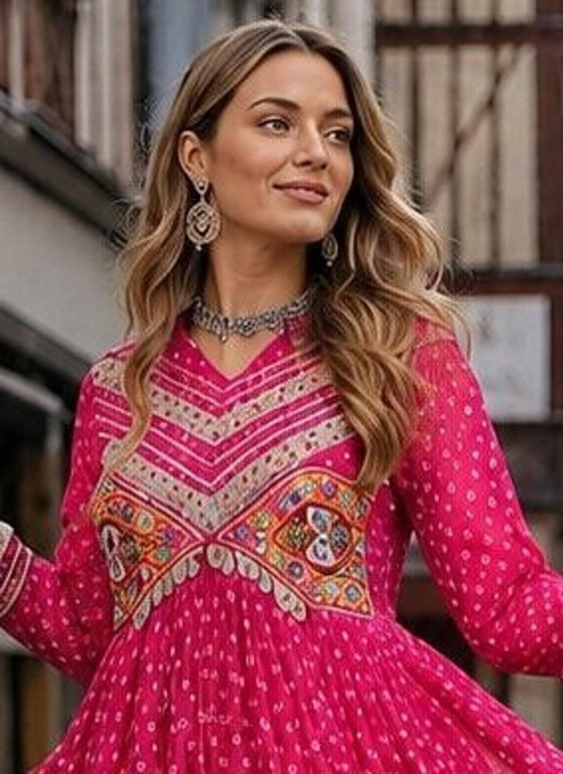 rani georgette free size stitched navratri anarkali with bandhani & kutchi patchework