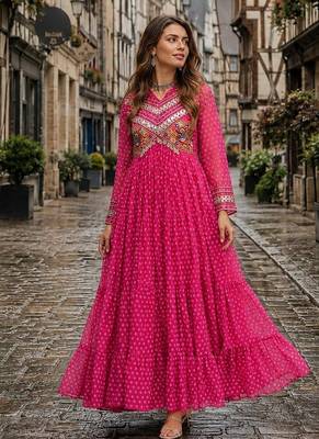 rani georgette free size stitched navratri anarkali with bandhani & kutchi patchework 1