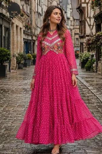 rani georgette free size stitched navratri anarkali with bandhani & kutchi patchework