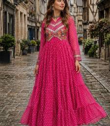 rani georgette free size stitched navratri anarkali with bandhani & kutchi patchework