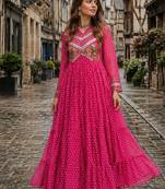 rani georgette free size stitched navratri anarkali with bandhani & kutchi patchework