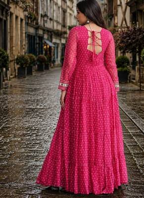 rani georgette free size stitched navratri anarkali with bandhani & kutchi patchework 3