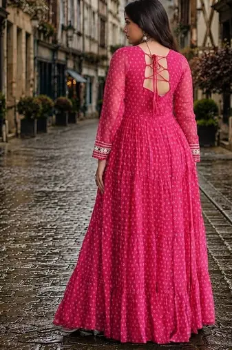rani georgette free size stitched navratri anarkali with bandhani & kutchi patchework