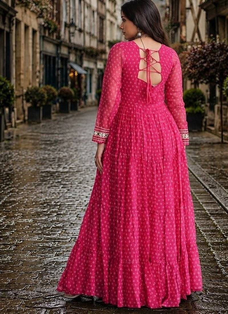 rani georgette free size stitched navratri anarkali with bandhani & kutchi patchework