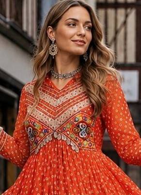 orange georgette free size stitched navratri anarkali with bandhani & kutchi patchework 2
