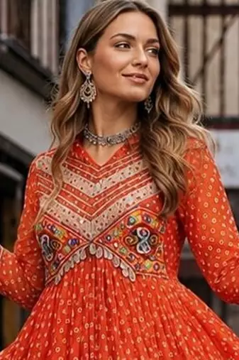 orange georgette free size stitched navratri anarkali with bandhani & kutchi patchework
