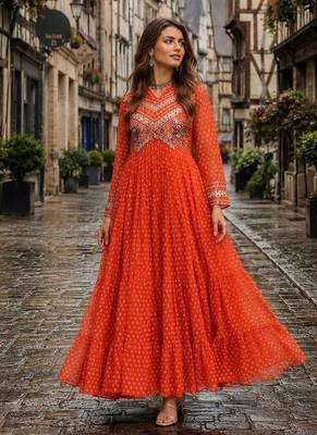 orange georgette free size stitched navratri anarkali with bandhani & kutchi patchework 1