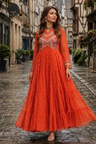 orange georgette free size stitched navratri anarkali with bandhani & kutchi patchework