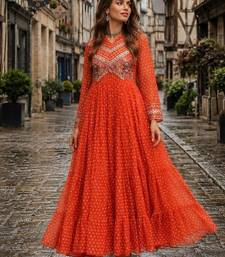 orange georgette free size stitched navratri anarkali with bandhani & kutchi patchework