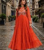 orange georgette free size stitched navratri anarkali with bandhani & kutchi patchework
