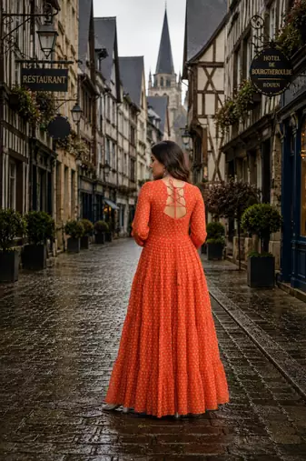 orange georgette free size stitched navratri anarkali with bandhani & kutchi patchework