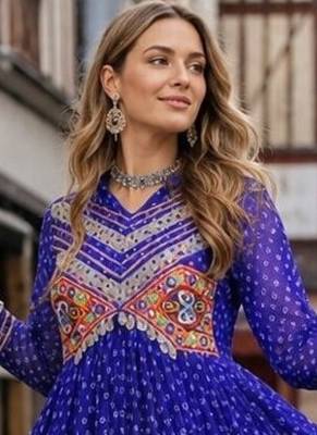 blue georgette free size stitched navratri anarkali with bandhani & kutchi patchework 2