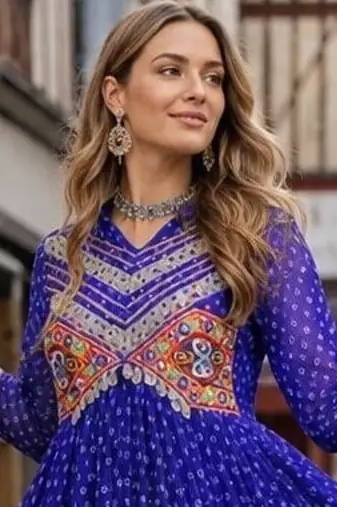 blue georgette free size stitched navratri anarkali with bandhani & kutchi patchework