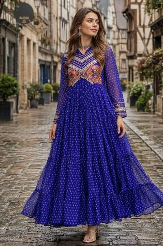 blue georgette free size stitched navratri anarkali with bandhani & kutchi patchework