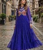 blue georgette free size stitched navratri anarkali with bandhani & kutchi patchework
