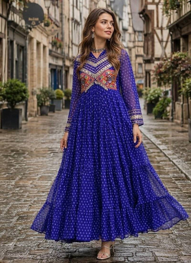 blue georgette free size stitched navratri anarkali with bandhani & kutchi patchework